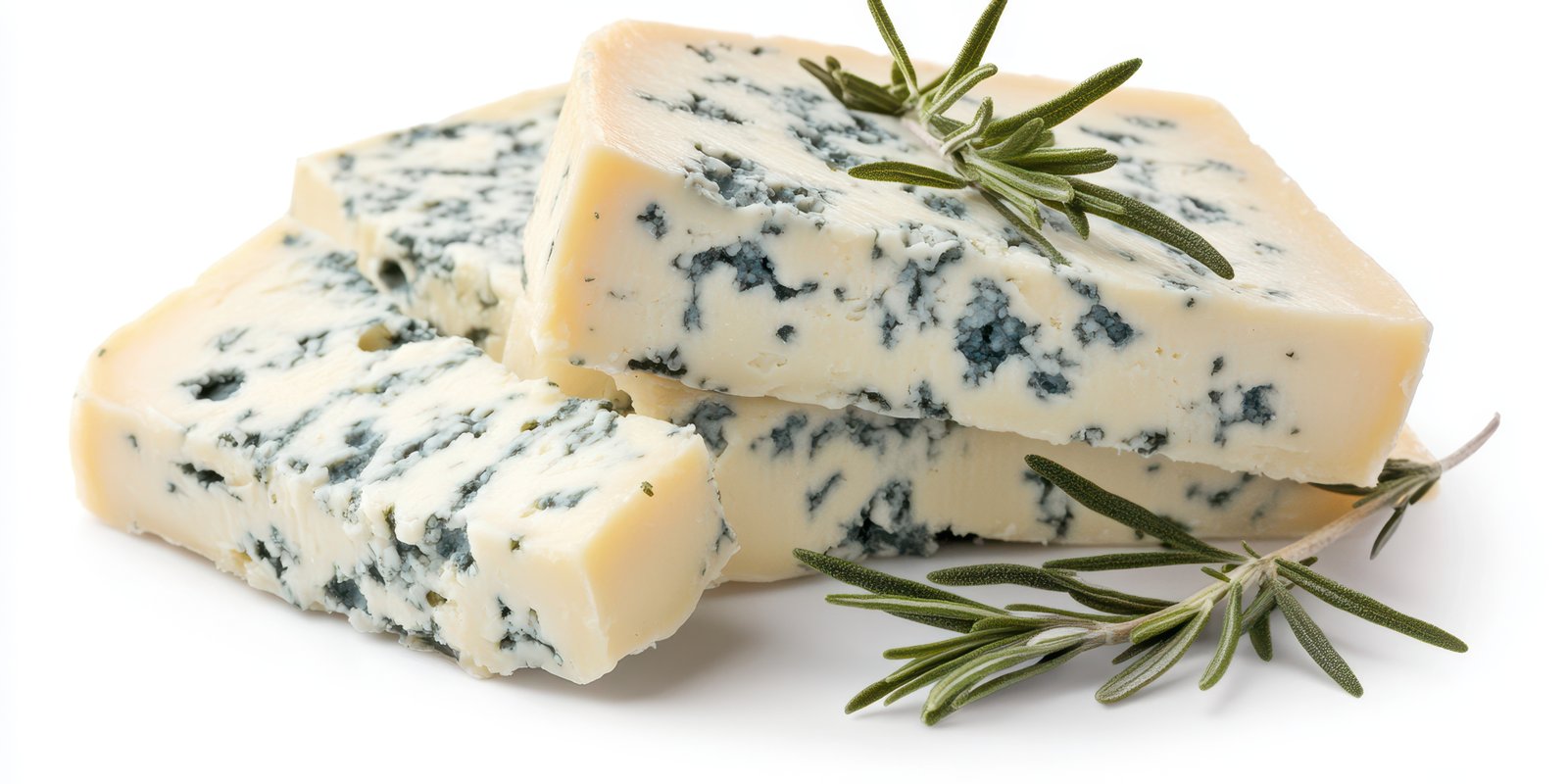 Creative arrangement of blue cheese with fresh rosemary sprigs on a white background highlighting textures